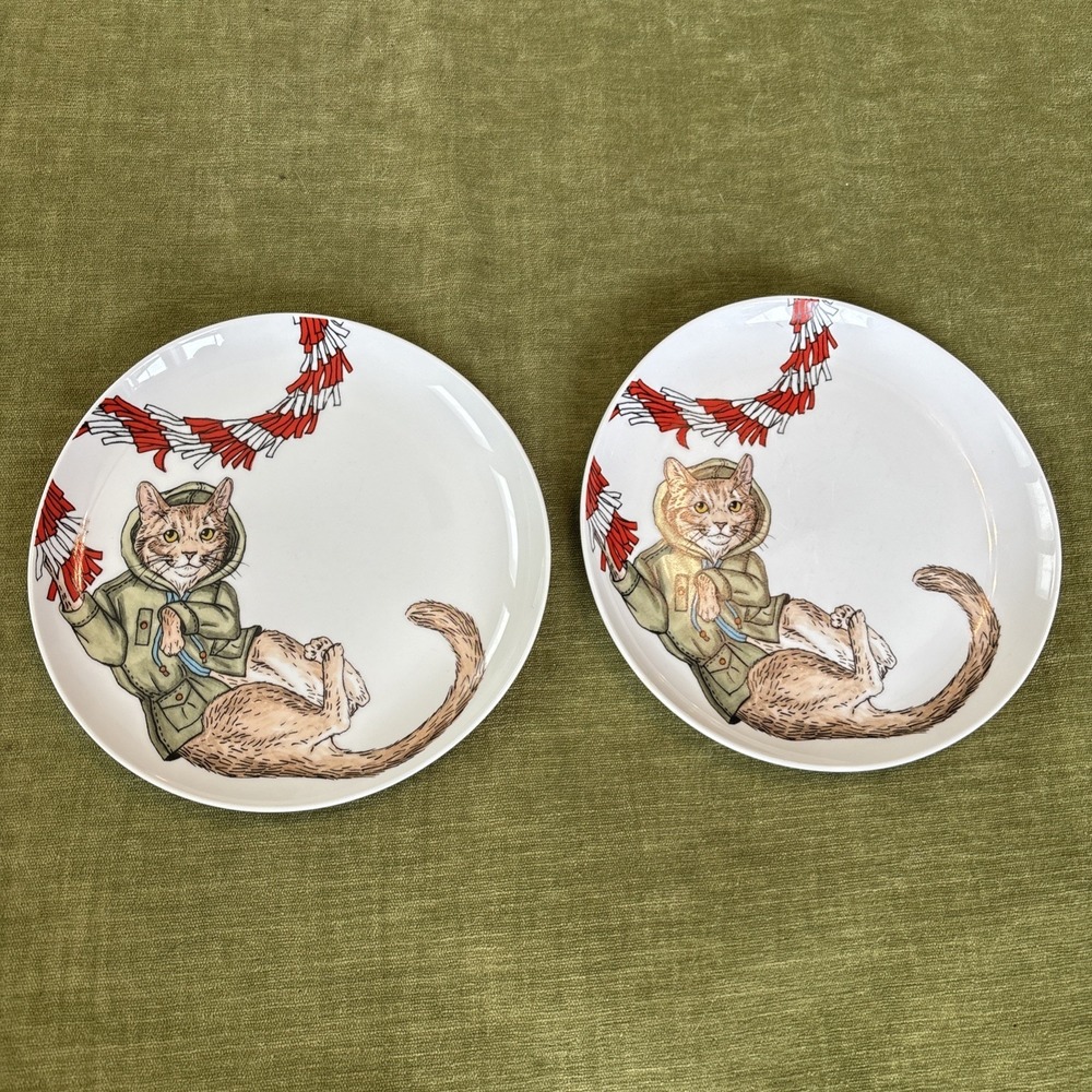 West Elm Rachel Kozlowski Dapper Animal Holiday Cat Set Of 2 Salad Plates 8.5"